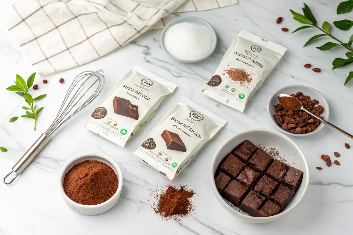 Vegan brownie mix packages with baking ingredients on a marble countertop