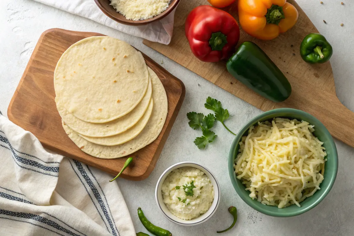  Ingredients for making Papa Corazon Quesadilla, including tortillas and cheese