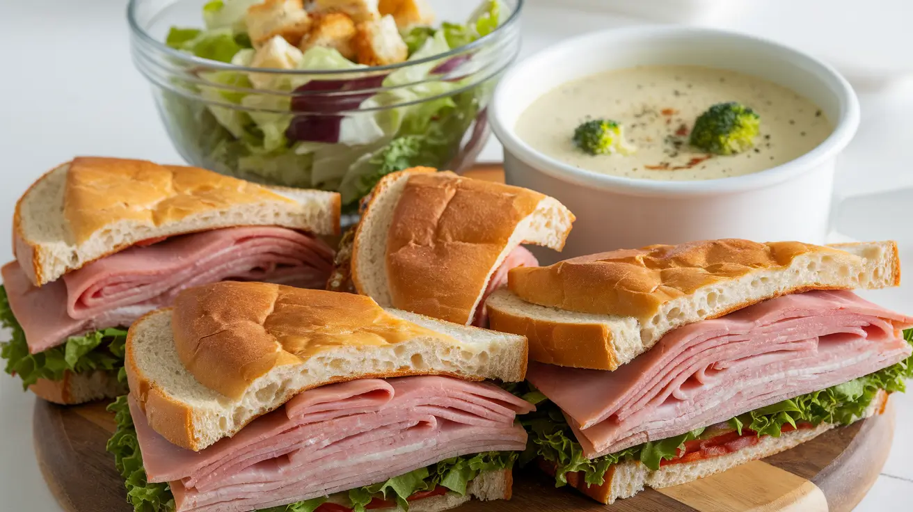 Ham and turkey sandwich served with soup and salad