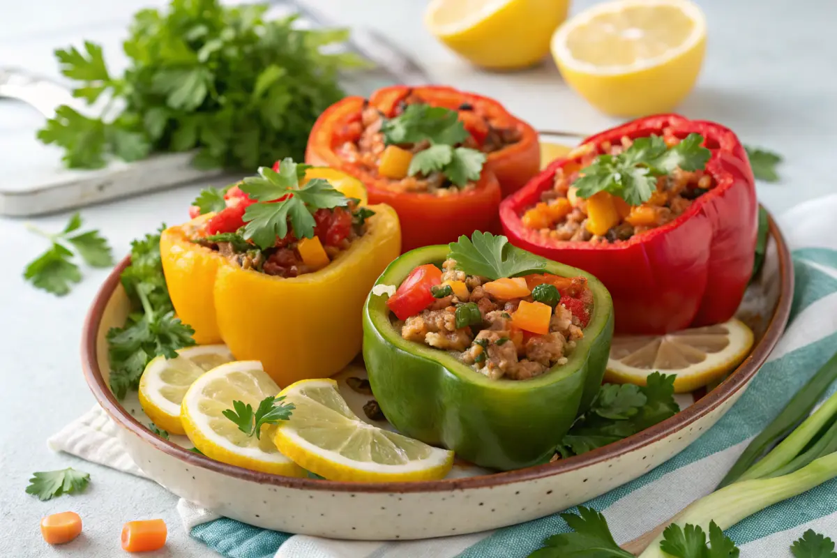 Stuffed bell peppers garnished with parsley