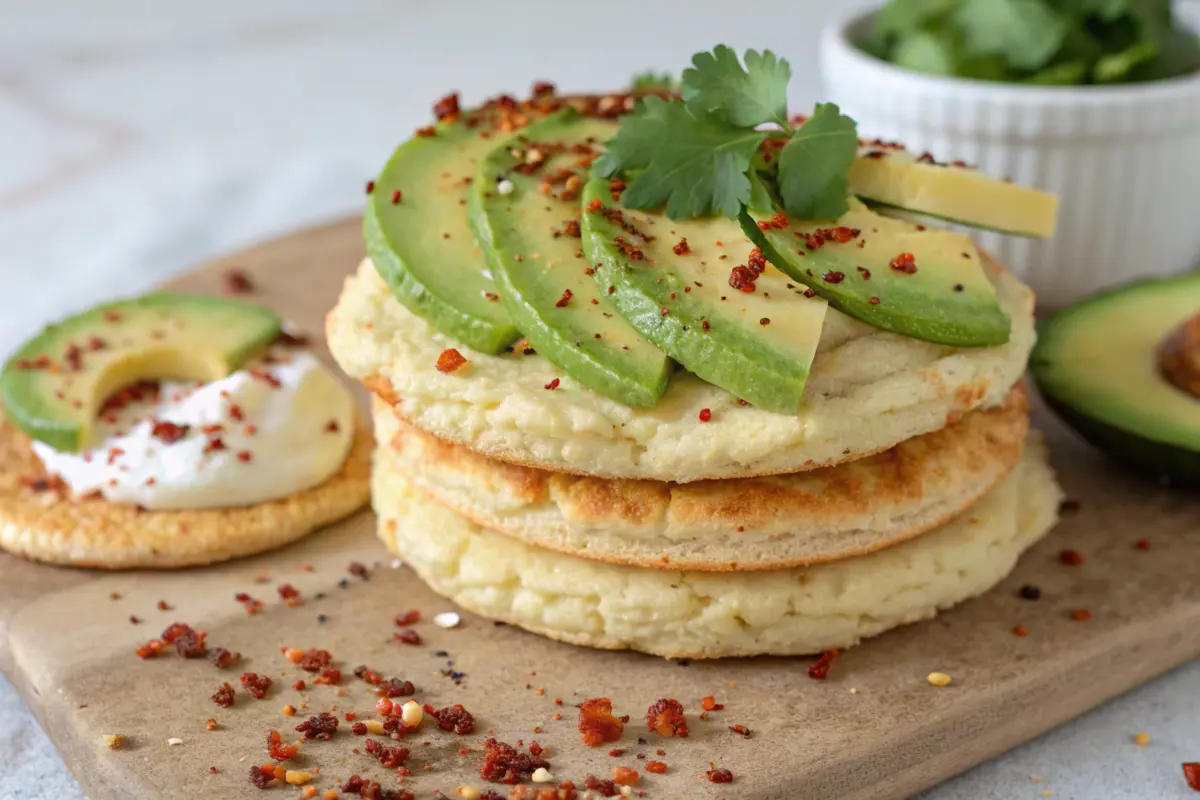 Cloud bread stack with avocado and chili flakes garnish