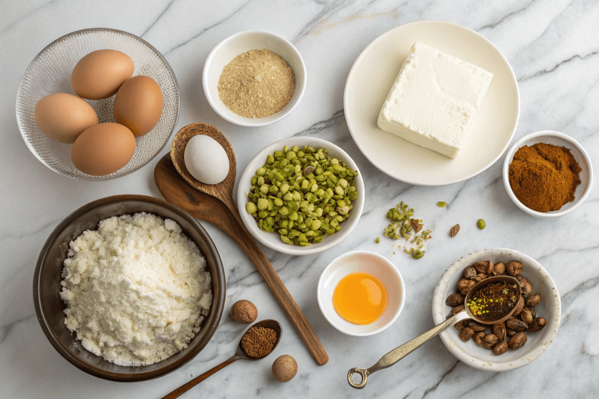 Ingredients for making baklava cake on a marble countertop