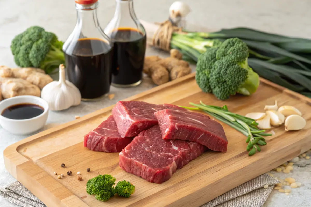 Raw beef slices and broccoli florets on a cutting board