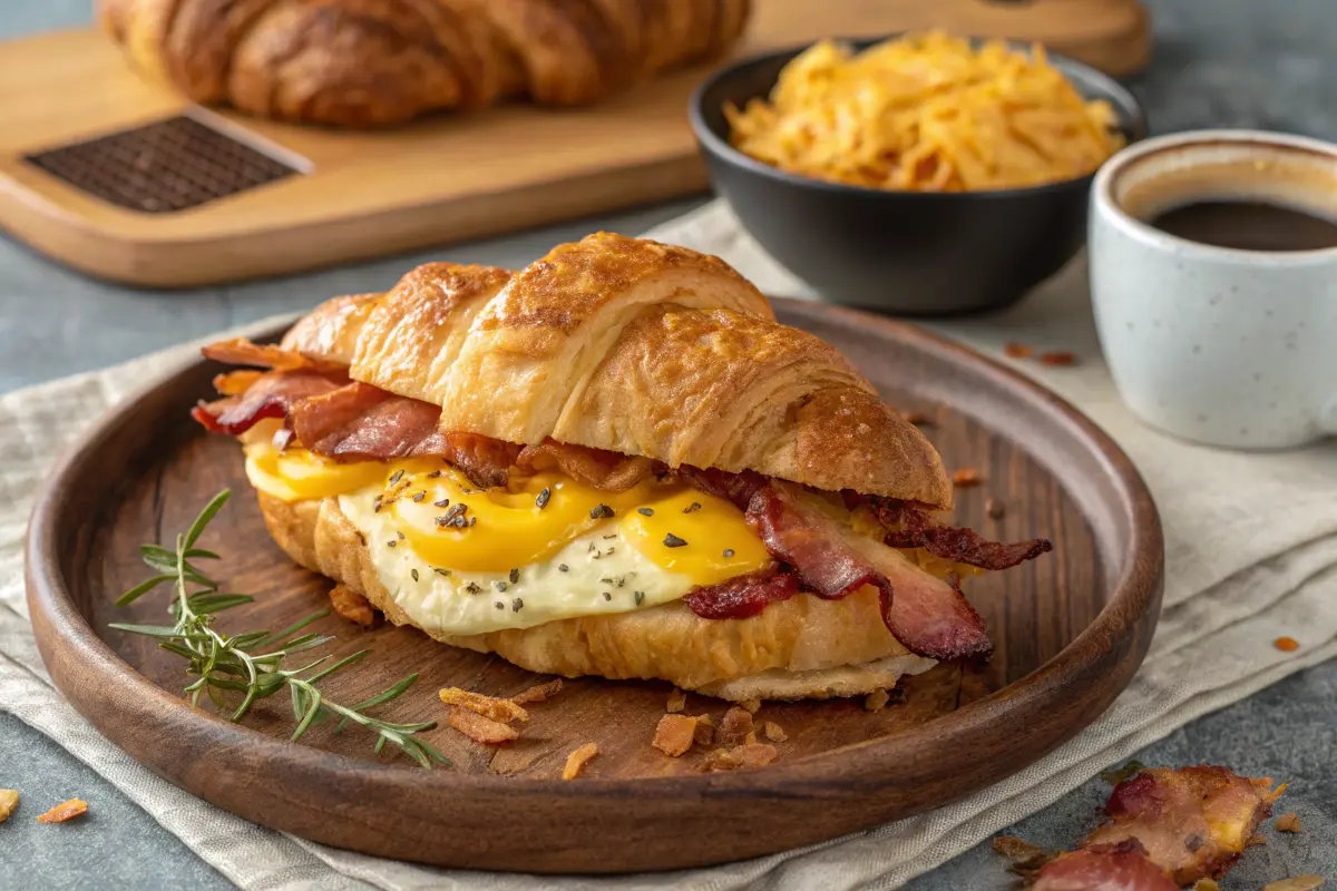 Close-up of a Burger King Croissan’wich with bacon, cheese, and eggs