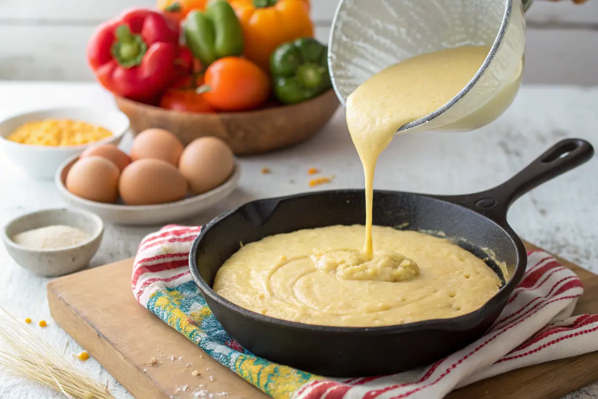 Pouring masa cornbread batter into a cast-iron skillet