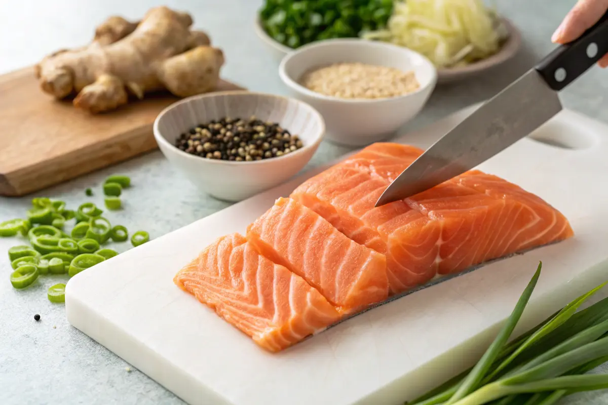 Sushi-grade salmon being sliced for poke.