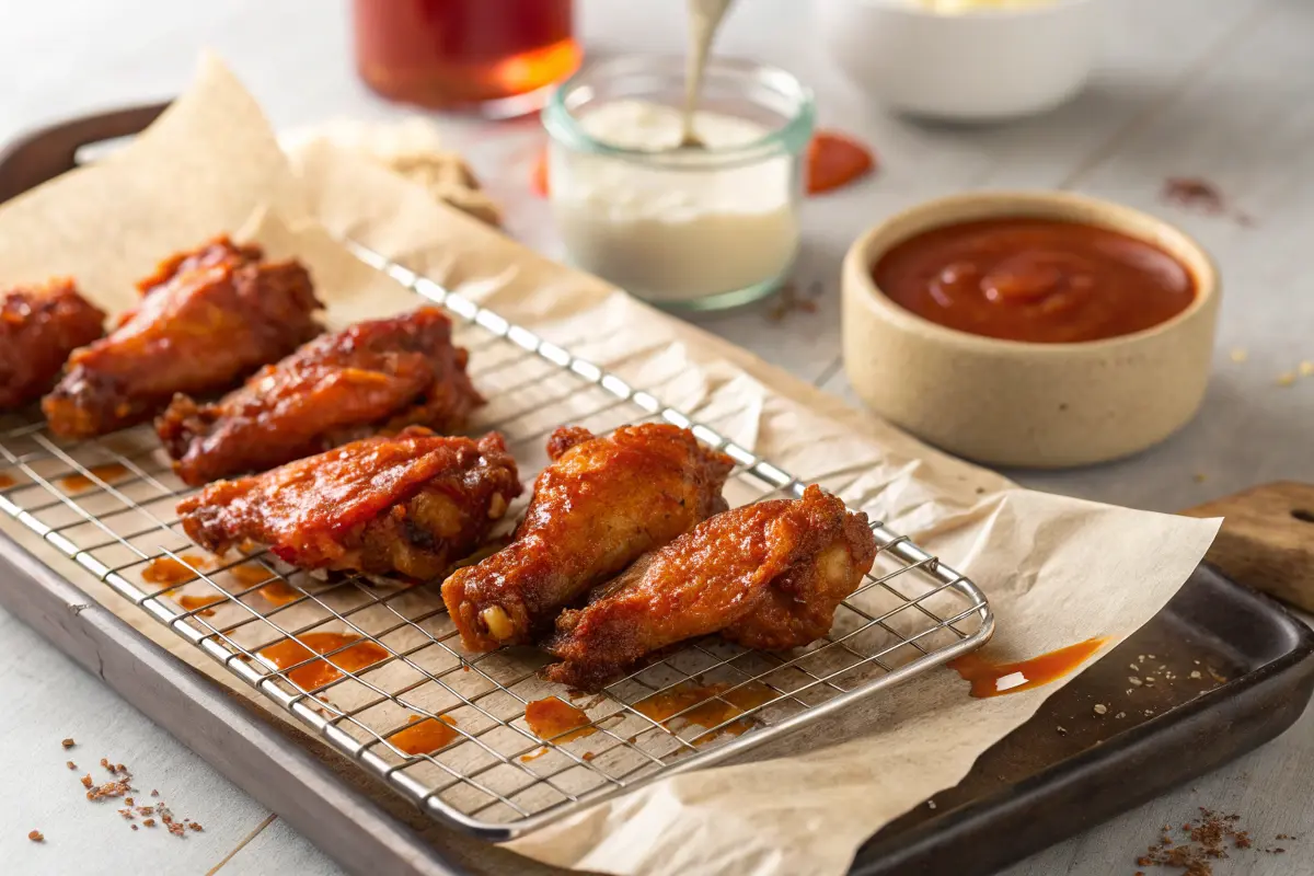 Crispy baked honey buffalo wings on a wire rack with sauce dripping