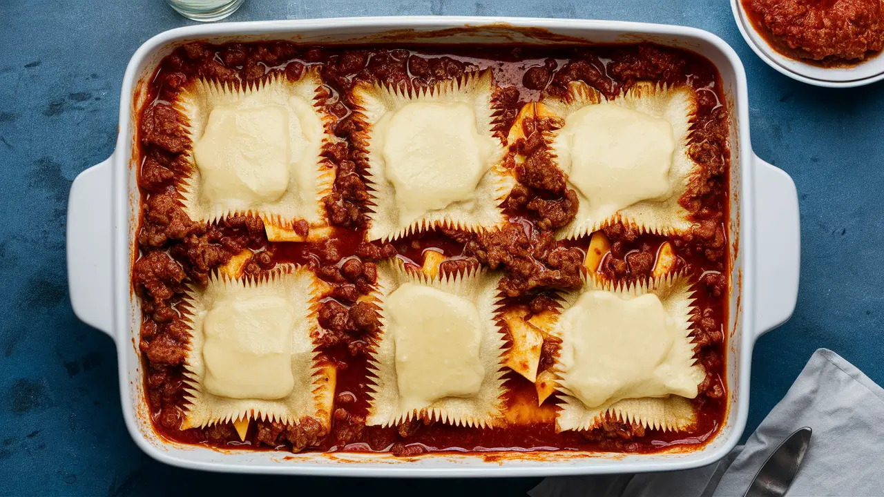 Layering oven ready lasagna noodles with meat sauce and cheese in a dish