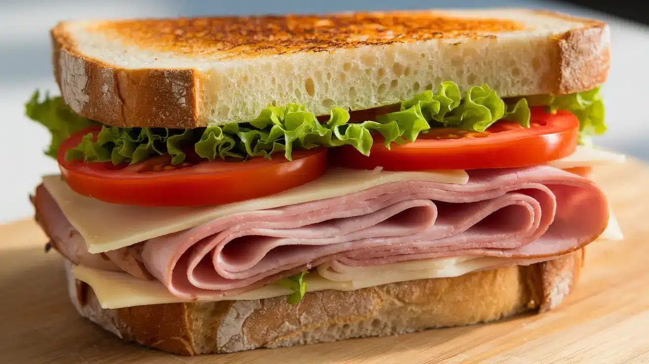 Ingredients for a ham and turkey sandwich, including meats, cheese, and bread