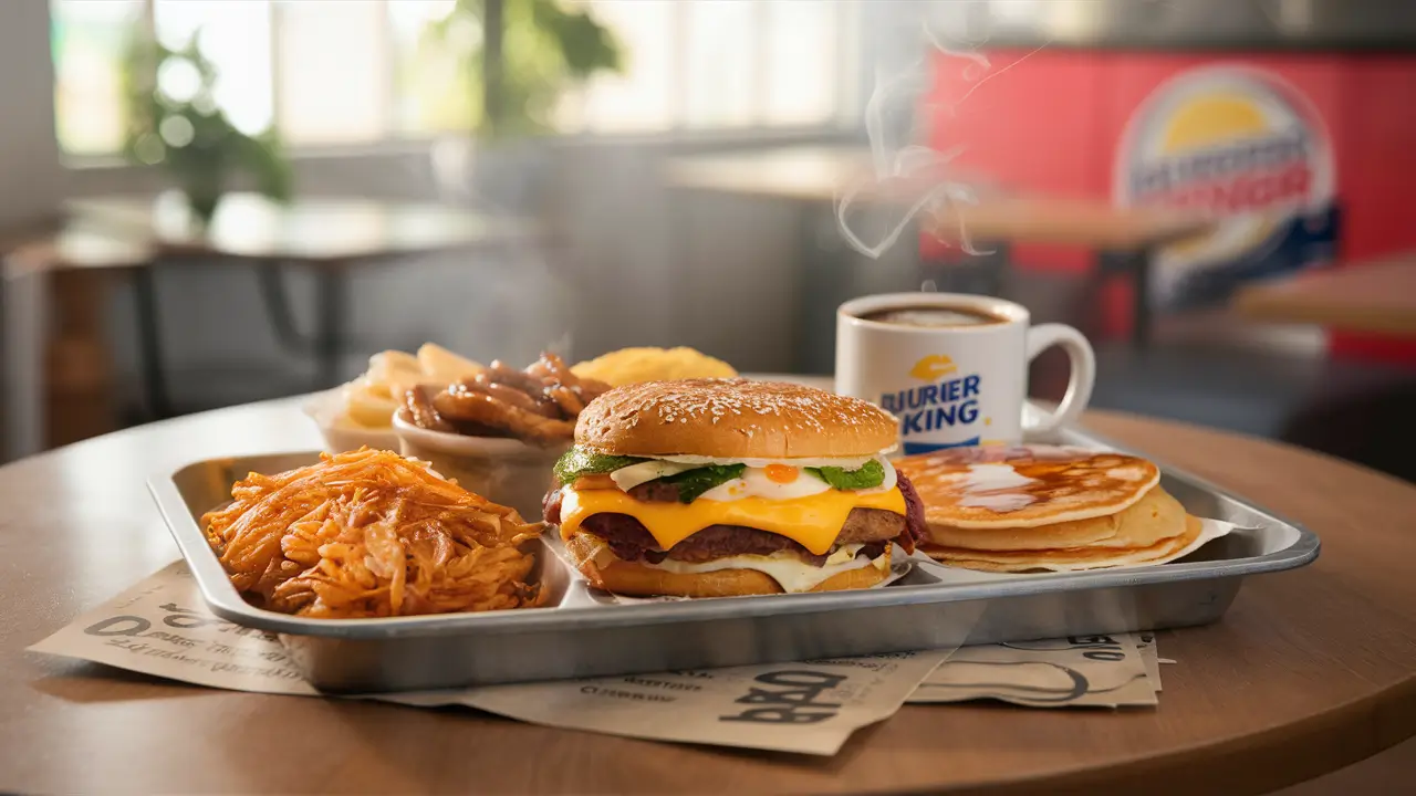 What Does Burger King Serve in the Morning? A Burger King breakfast tray with a Croissan’wich, hash browns, coffee, and pancakes