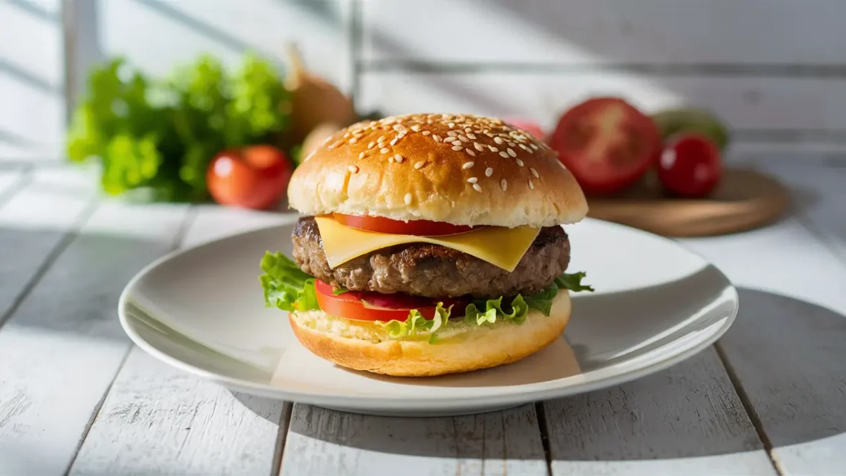 Low-carb keto hamburger bun with beef patty, lettuce, tomato, and cheese.