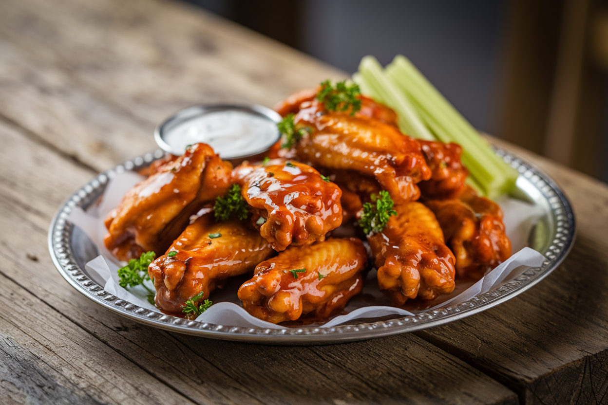 Golden honey buffalo wings served with ranch and celery sticks on a wooden platter