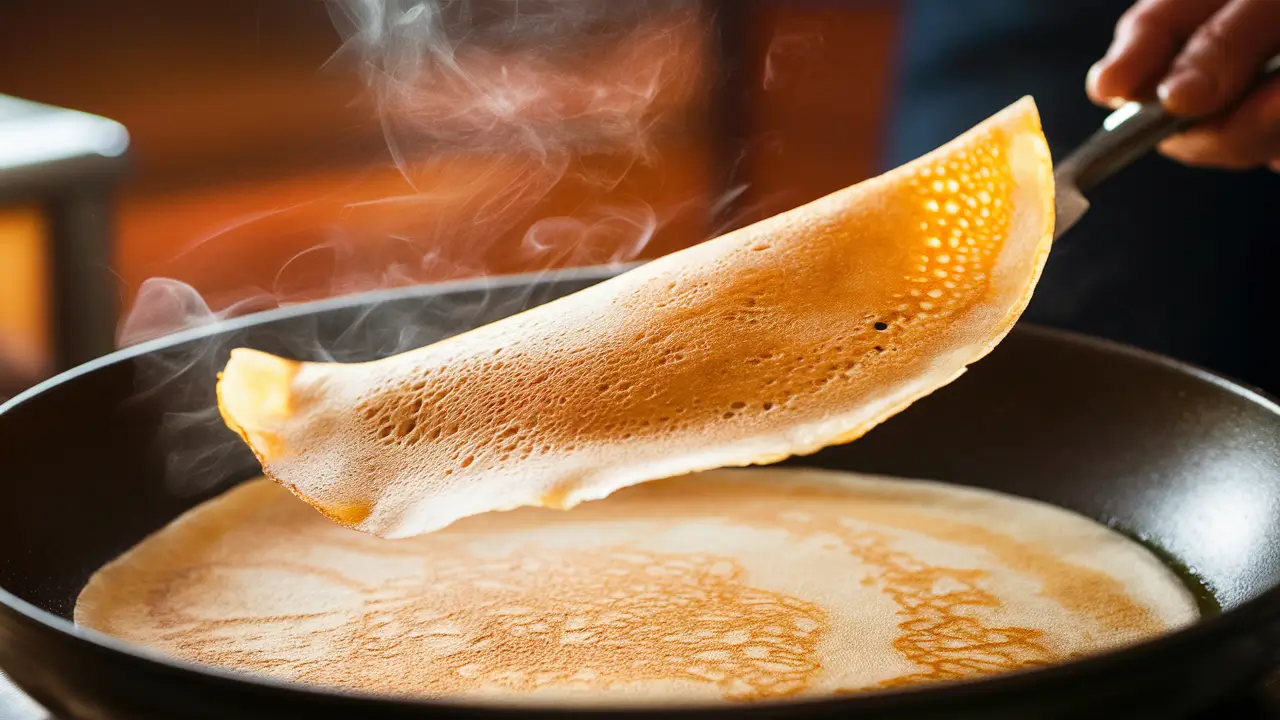 Perfect golden Bisquick crepe being flipped in a pan