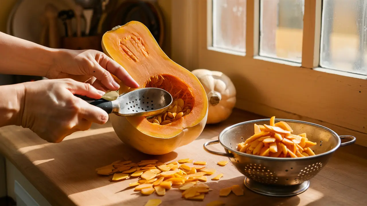 Harvesting butternut squash seeds from a halved squash