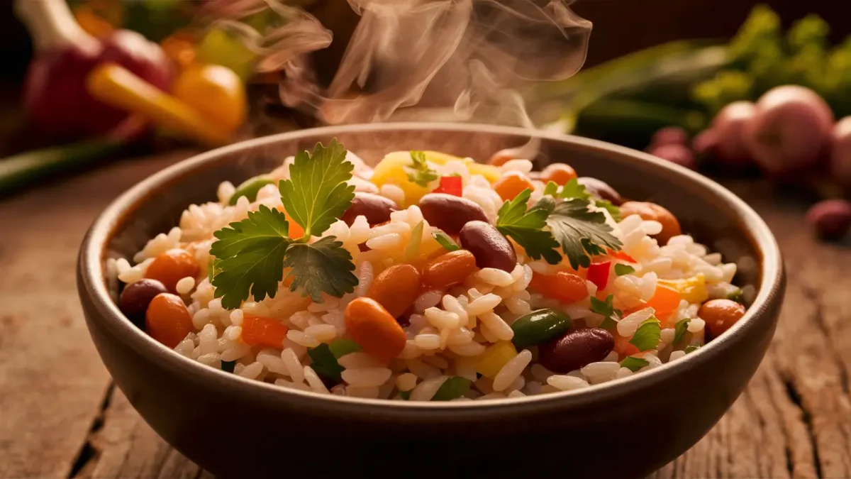 A delicious bowl of rice and beans garnished with fresh herbs