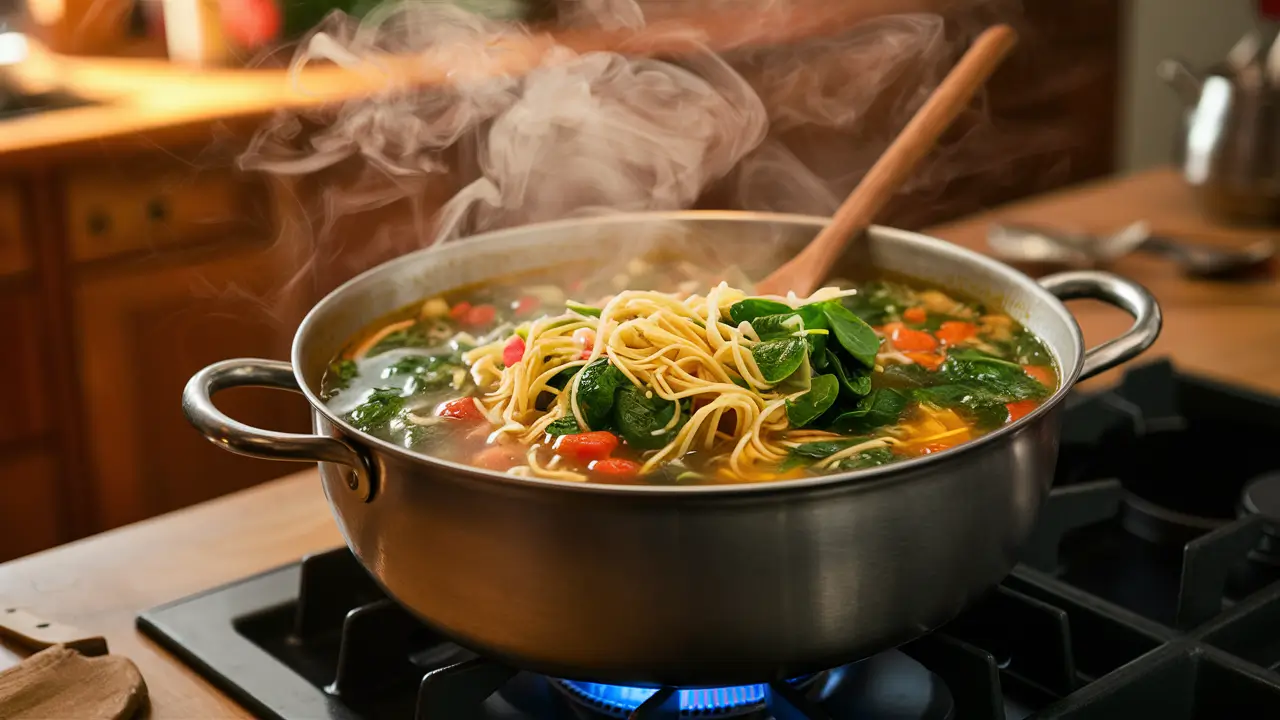 A pot of vegetable soup on a stove being stirred with fresh ingredients.