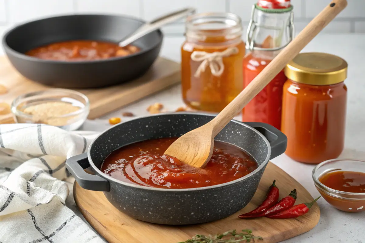 Honey buffalo sauce being stirred in a saucepan with a wooden spoon