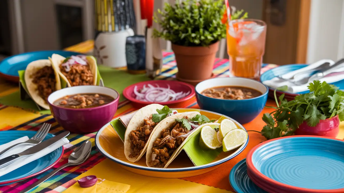 Birria tacos with sides and consommé on a vibrant table