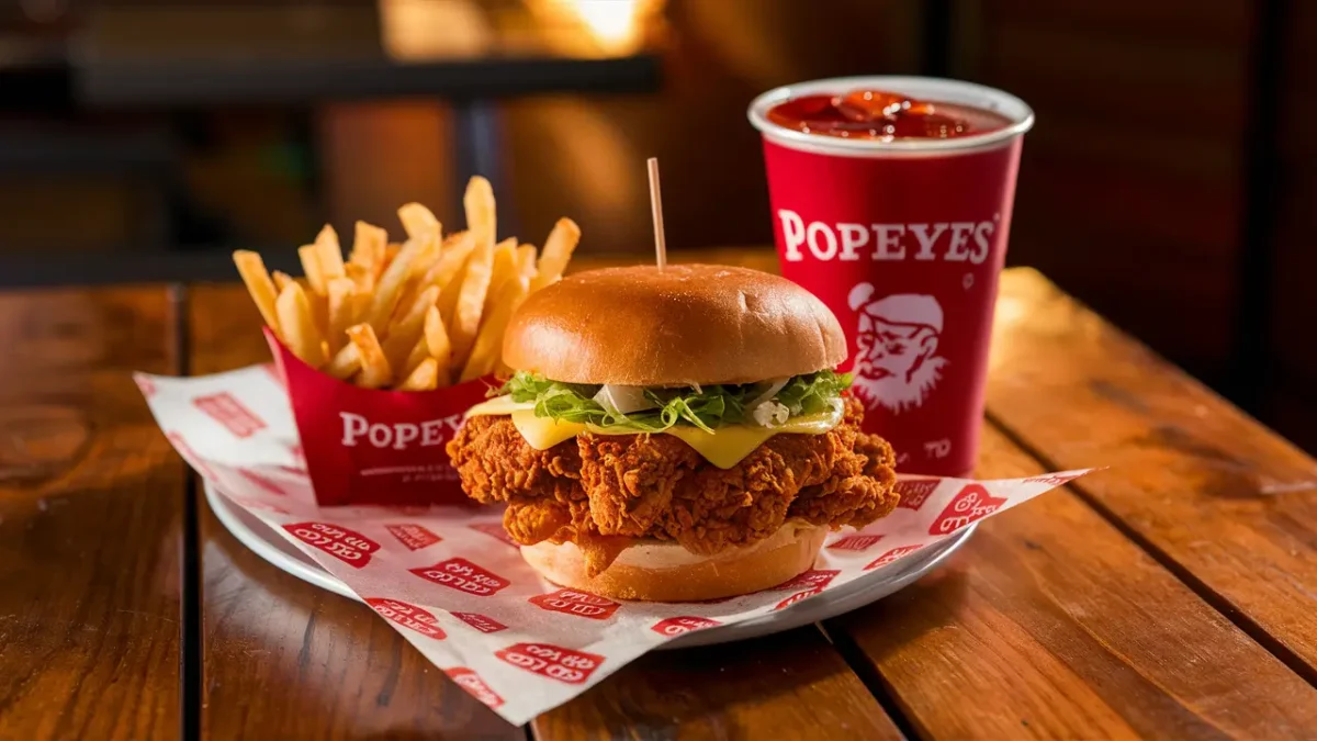 Popeyes meal including a chicken sandwich and fries