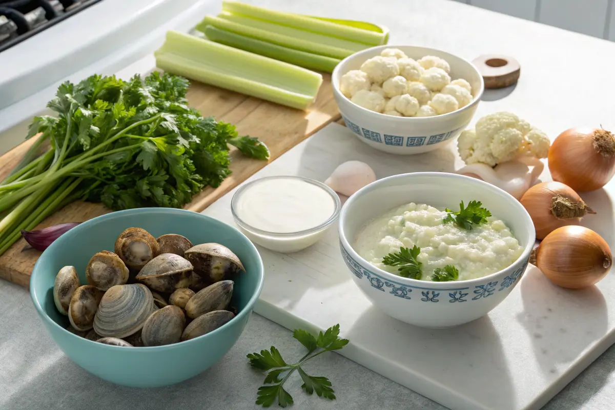 Ingredients for clam chowder on a countertop