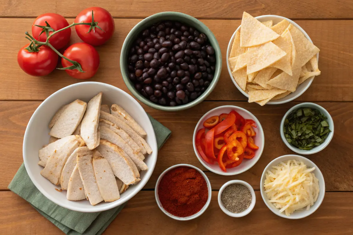 Ingredients for healthy chicken tortilla soup laid out on a table