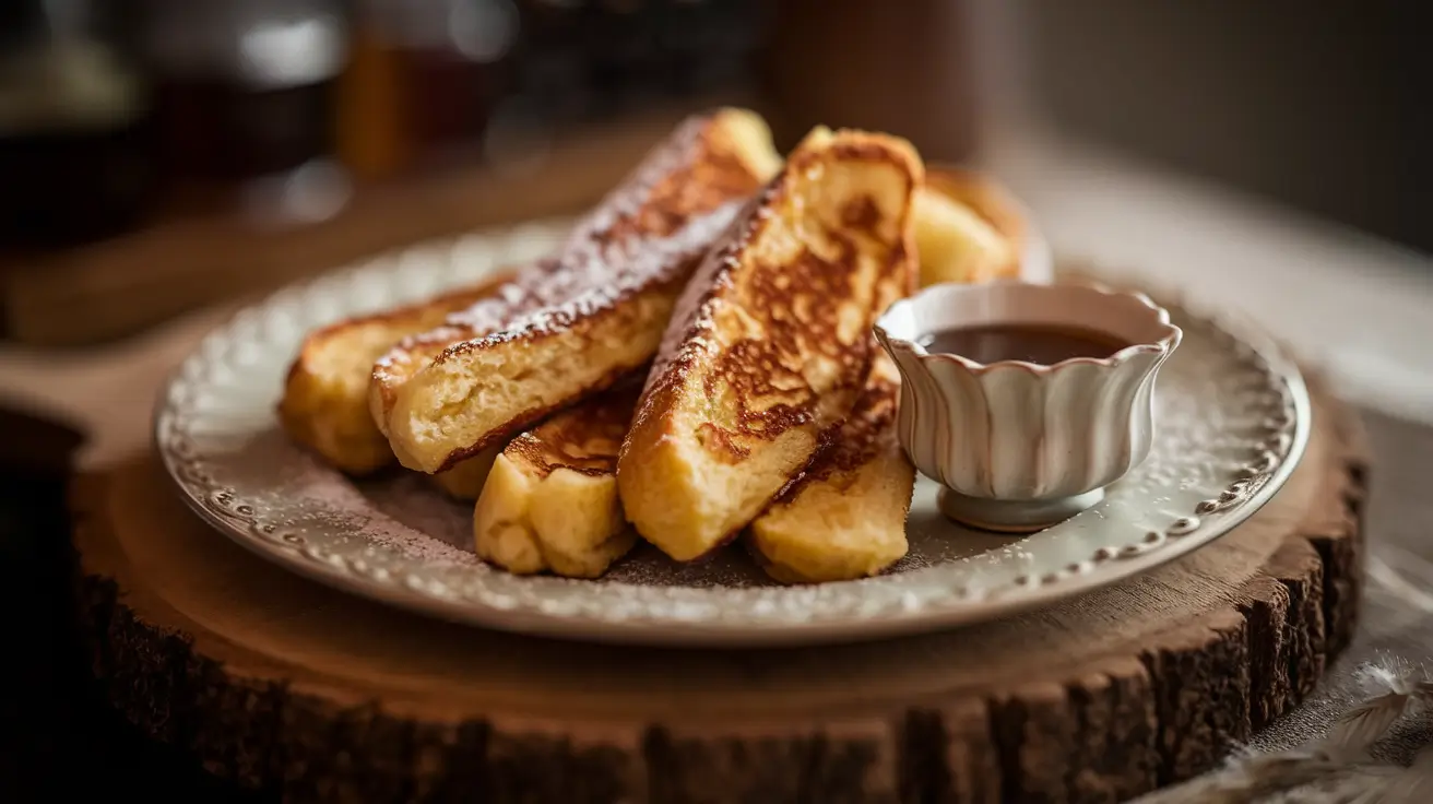 French Toast Sticks with syrup served on a rustic plate