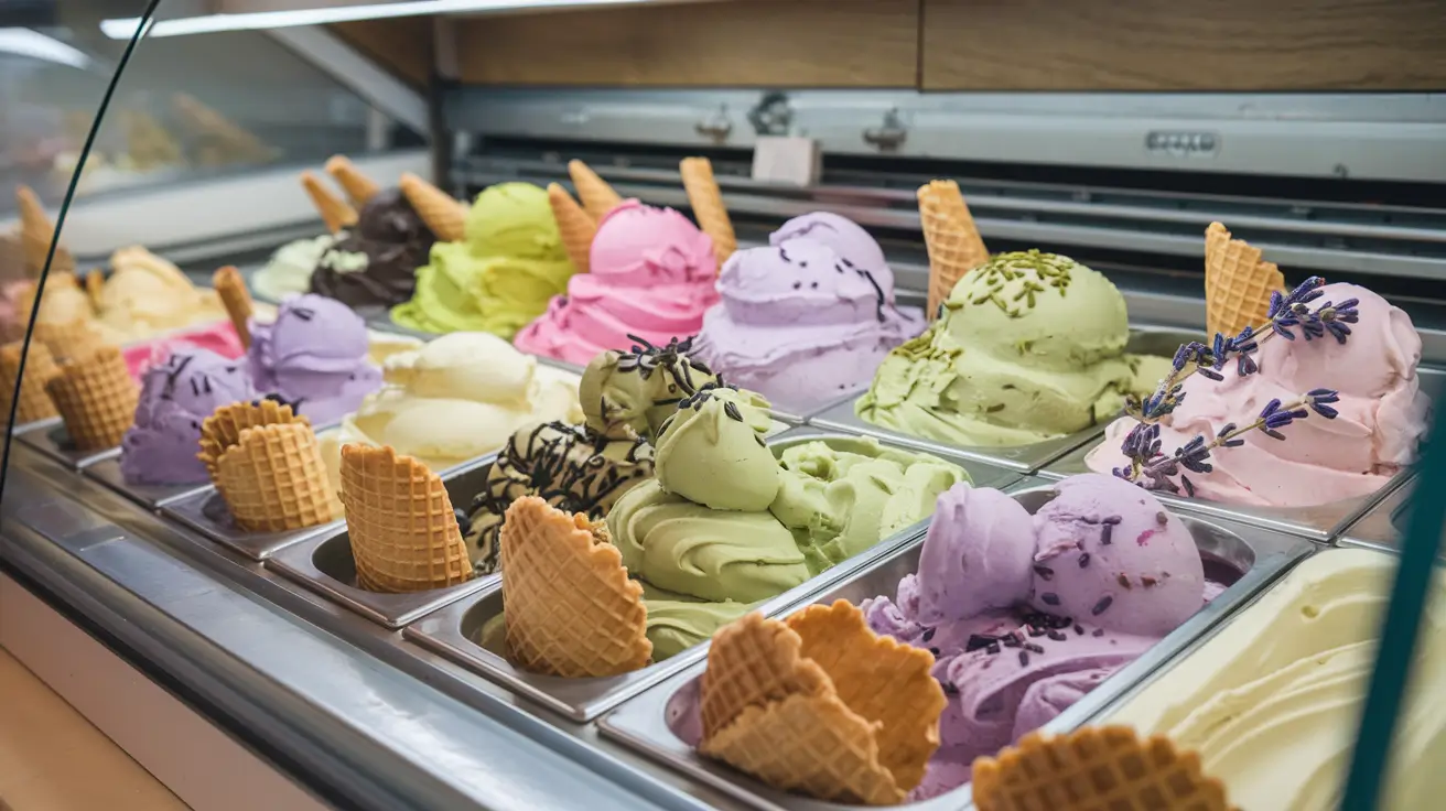 Display of colorful artisan frozen ice cream flavors in a freezer