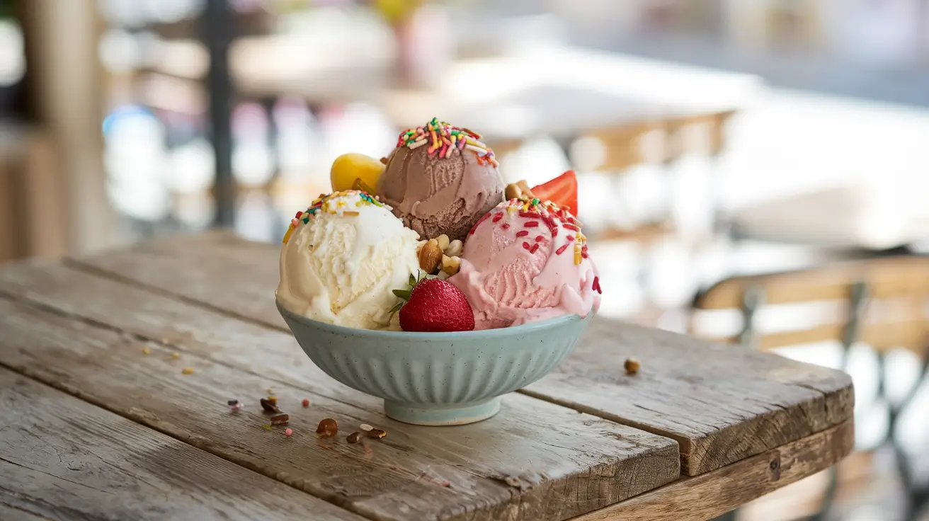 Artisan bowl of frozen ice cream with three scoops and toppings