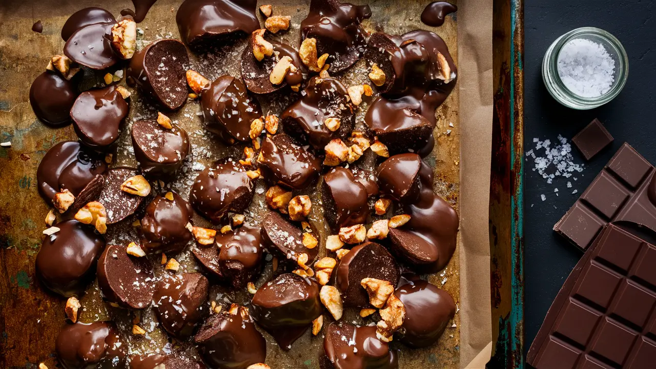  Homemade chocolate covered chips garnished with crushed nuts and white chocolate drizzle