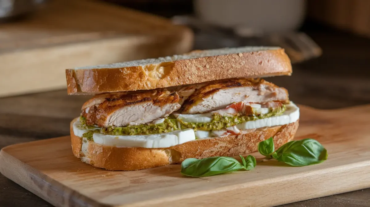 Close-up of a chicken pesto sandwich with fresh basil