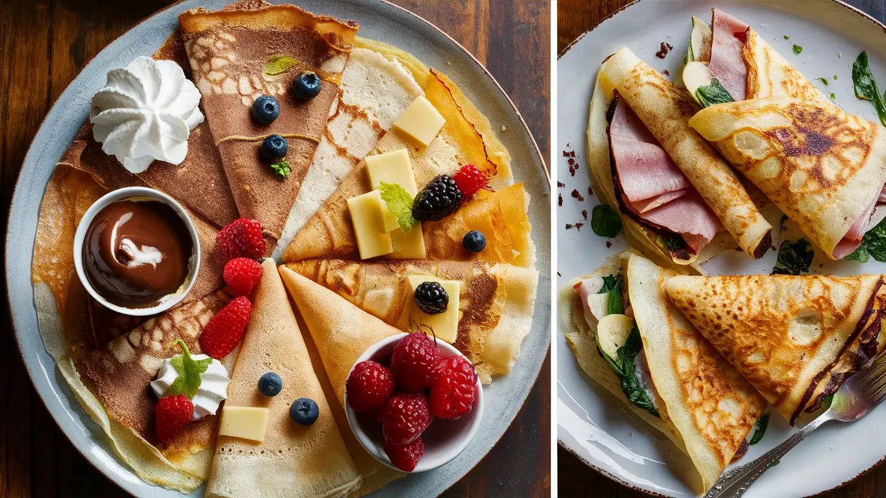 Sweet and savory Bisquick crepe variations on a platter