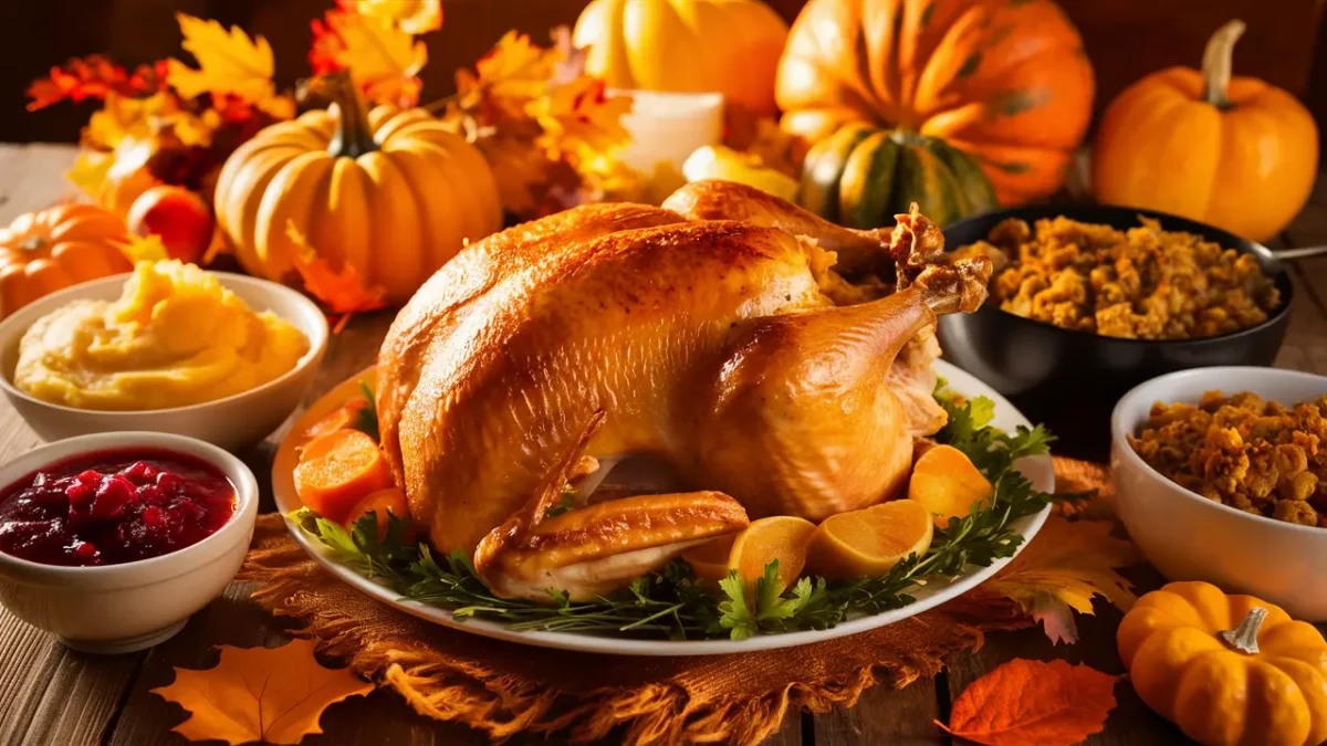 Thanksgiving table with roasted turkey and traditional sides