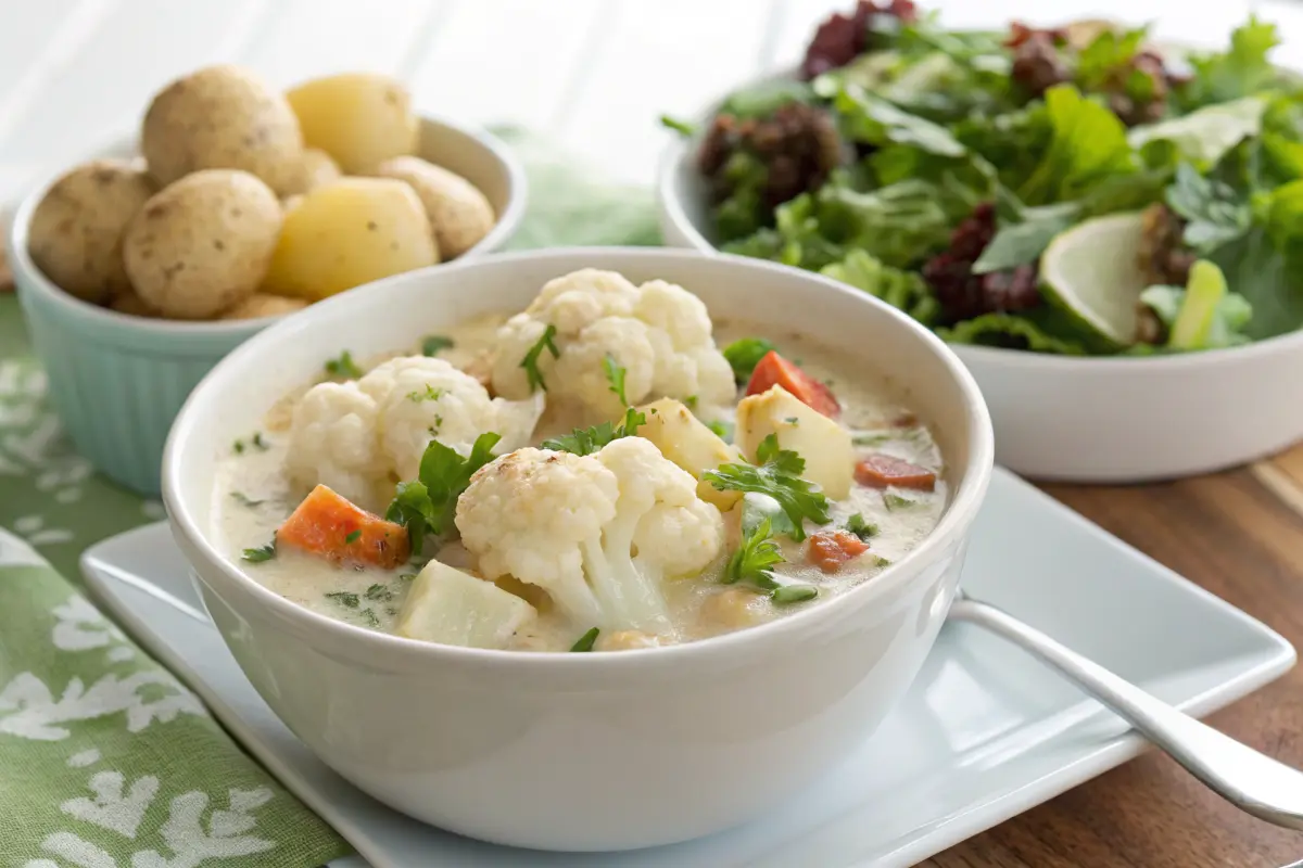 Low-carb clam chowder with cauliflower florets and side salad