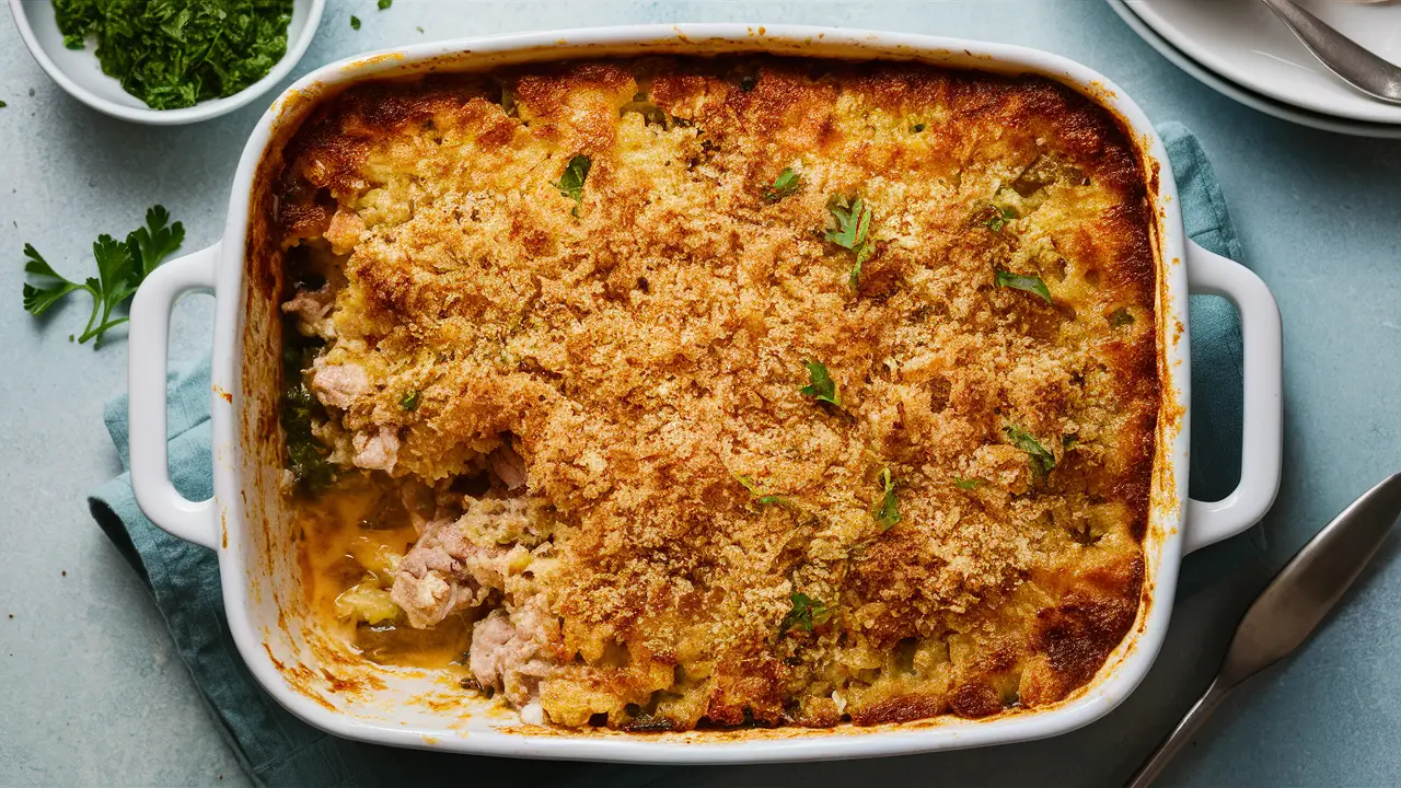 Baked tuna casserole with breadcrumb topping