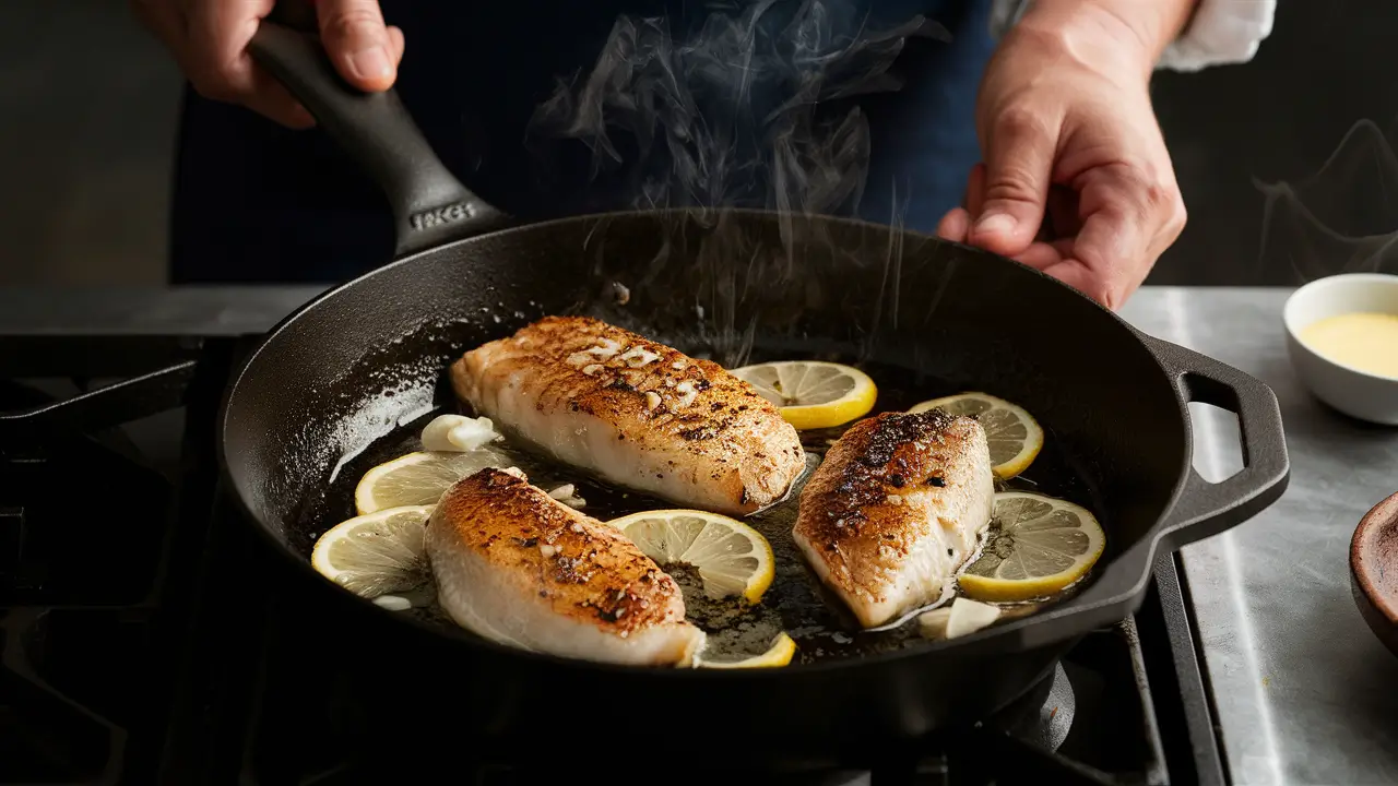 Chef cooking halibut cheeks in a skillet with garlic and lemon