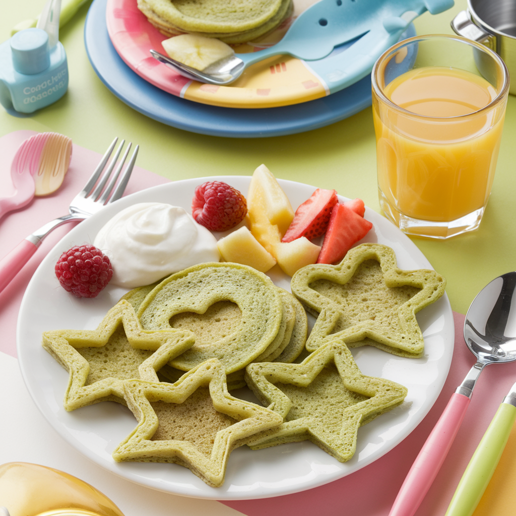 Kid’s plate of fun-shaped banana spinach pancakes with fruit and yogurt