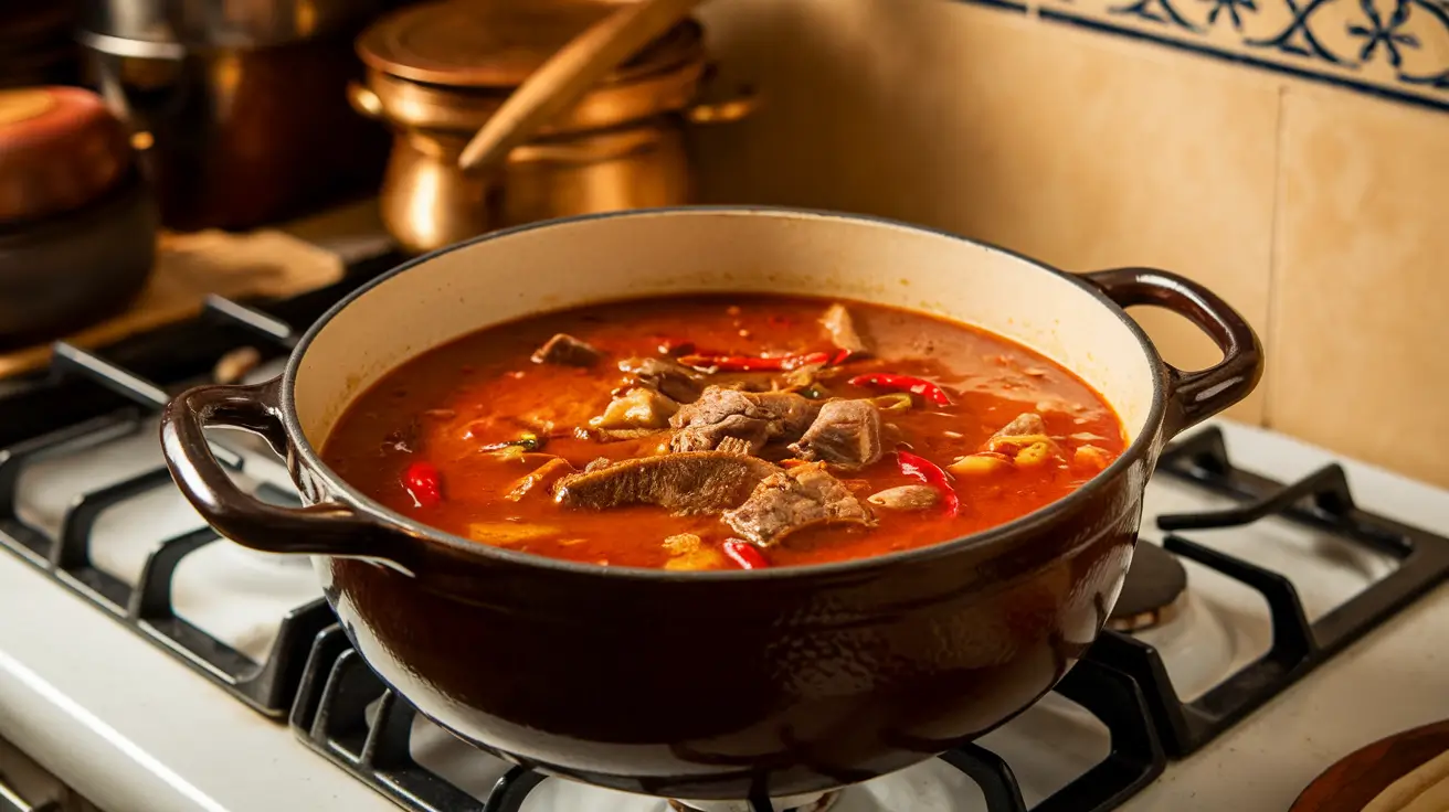 Birria stew simmering with chilies and consommé