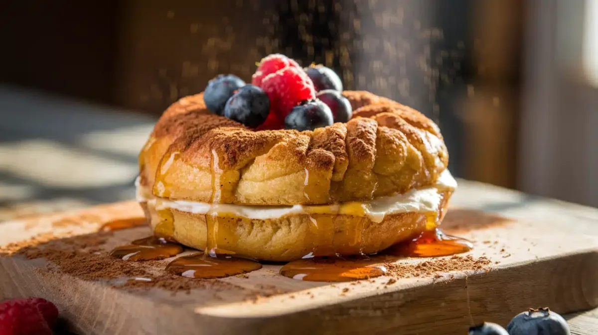 Freshly baked French toast bagel with cinnamon and maple syrup