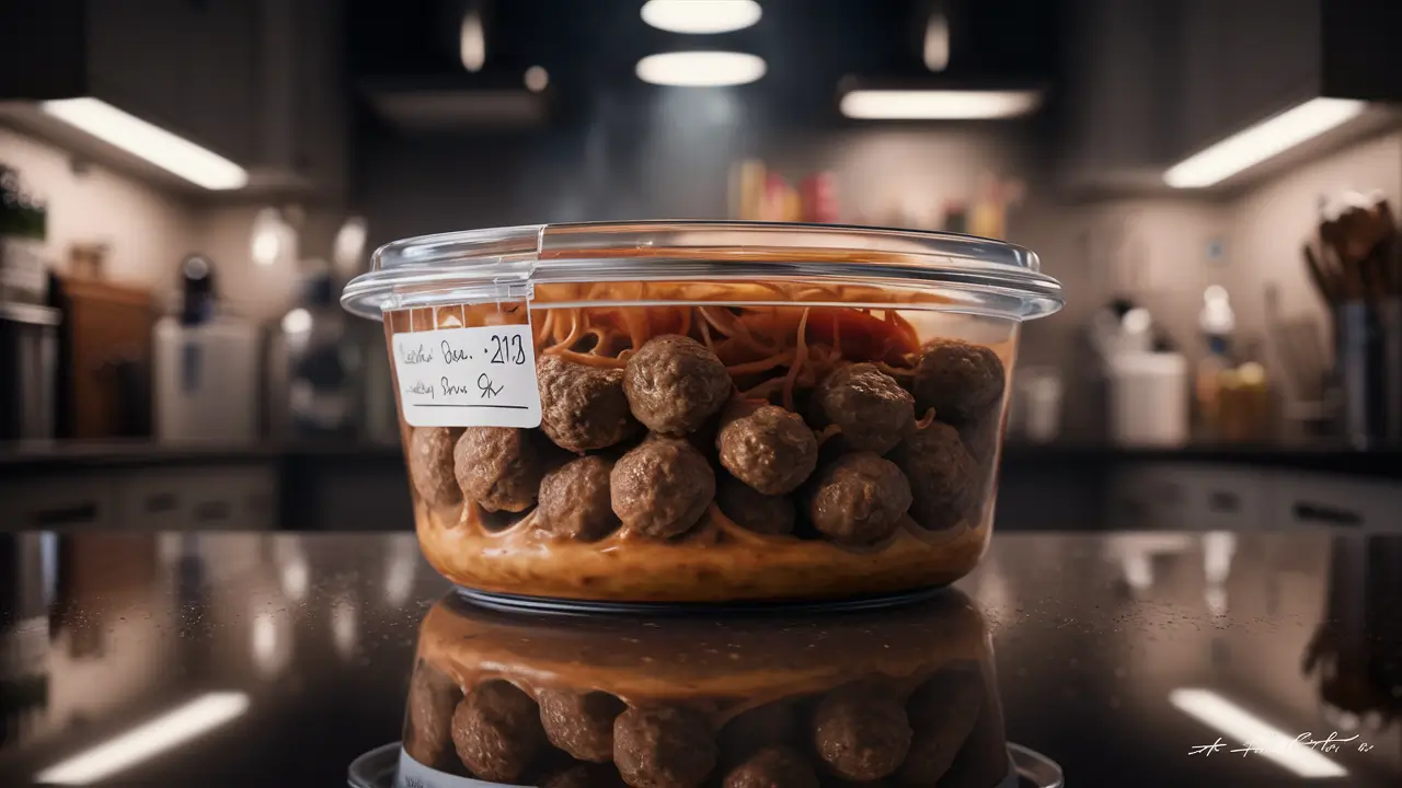 Stored leftover meatball stroganoff in an airtight container.