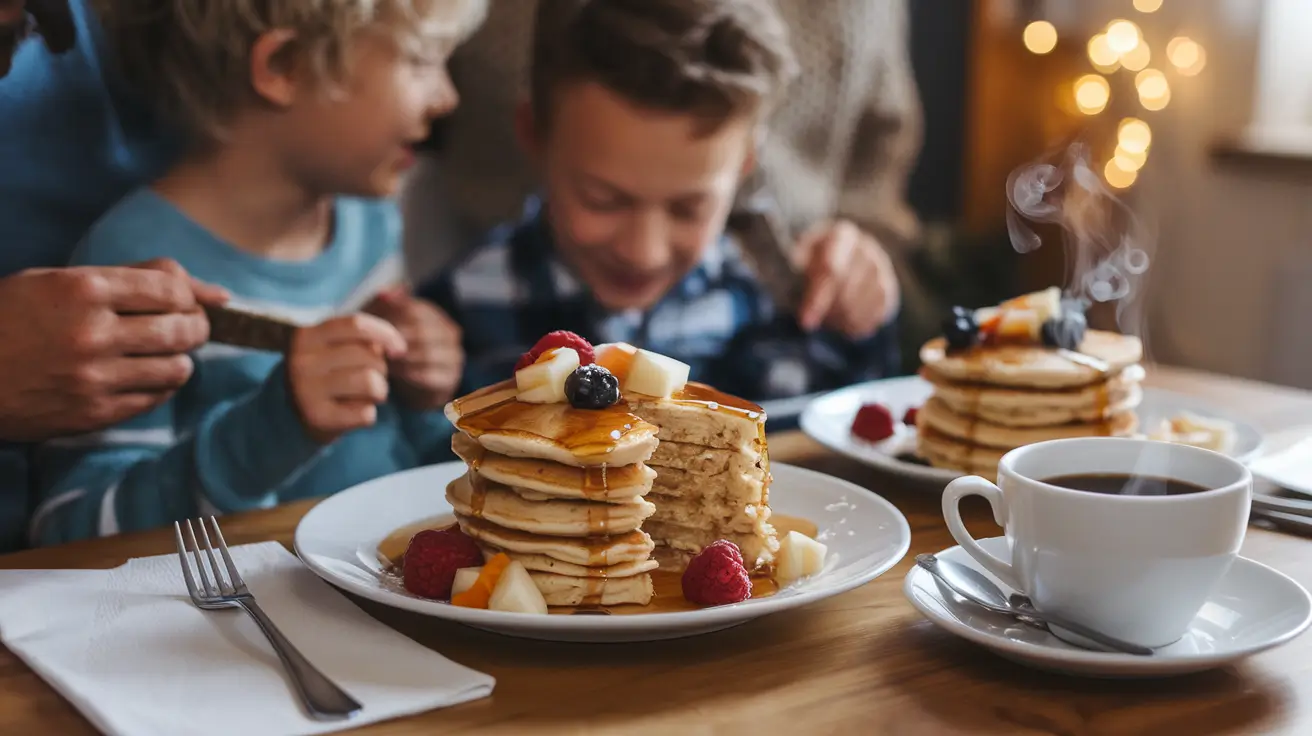 Family enjoying protein pancakes for breakfast