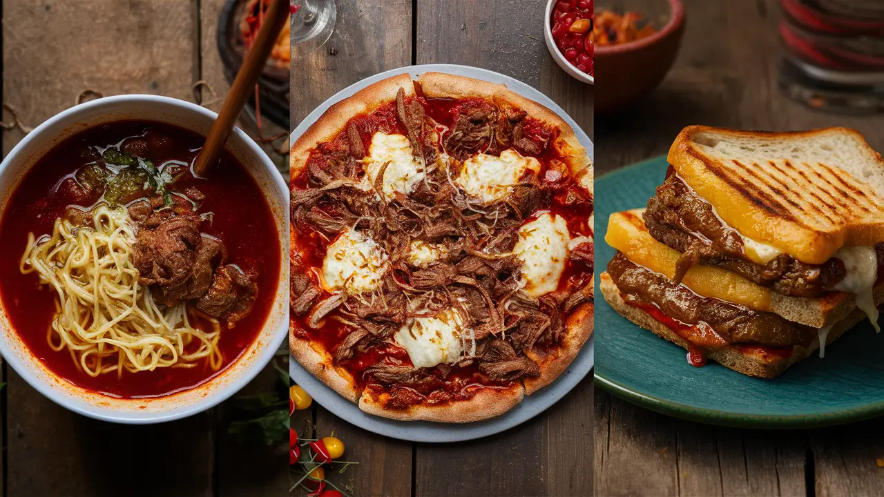 Creative birria dishes including birria ramen, pizza, and grilled cheese