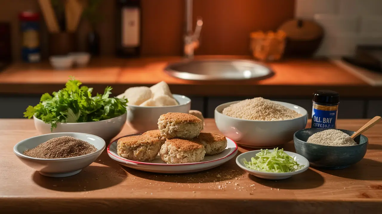 Crab cake ingredients, including lump crab meat, breadcrumbs, and Old Bay seasoning, on a wooden countertop