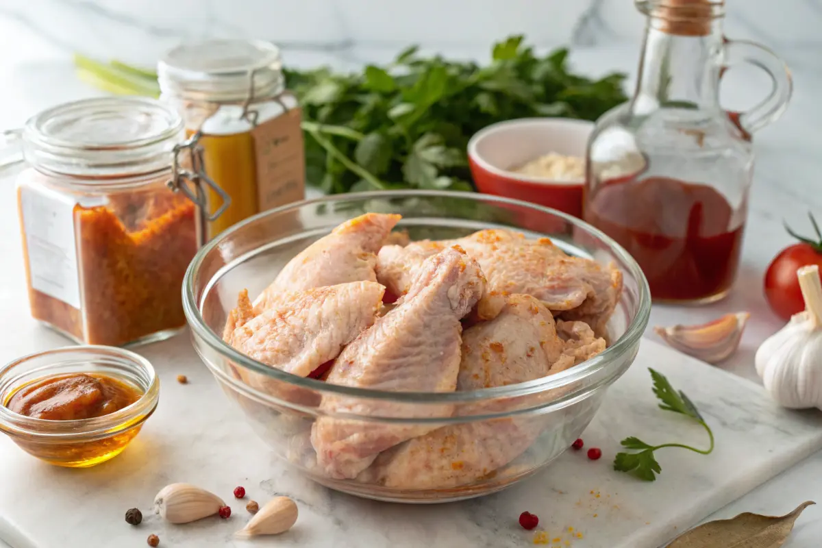 Raw chicken wings marinated with spices and baking powder in a glass bowl