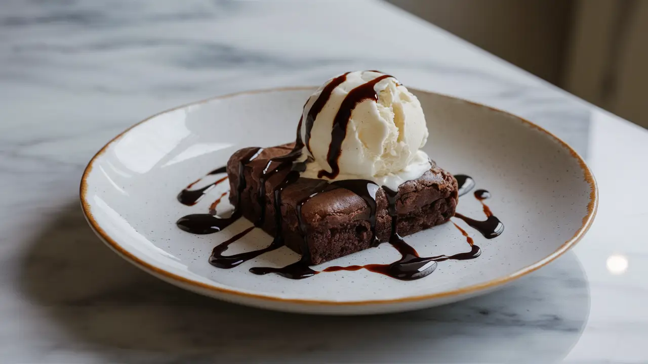 Buckeye Brownie served with vanilla ice cream and chocolate drizzle.