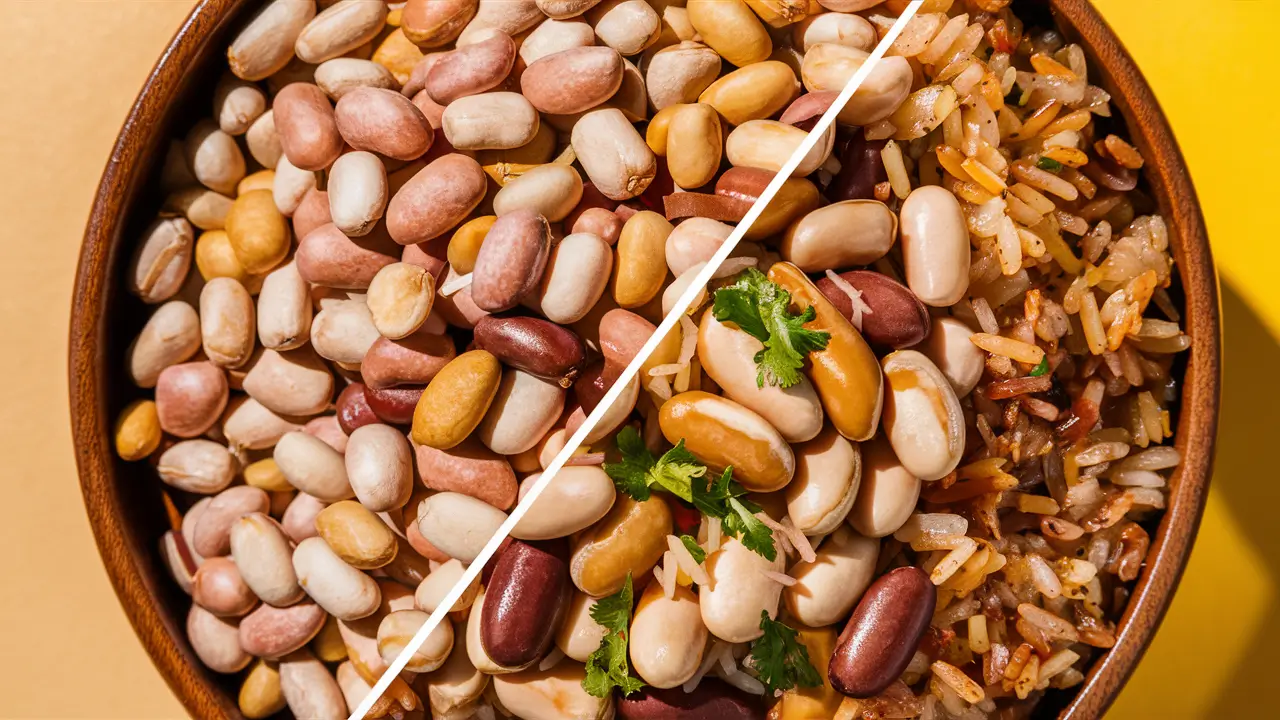 Dry and cooked beans with rice side by side