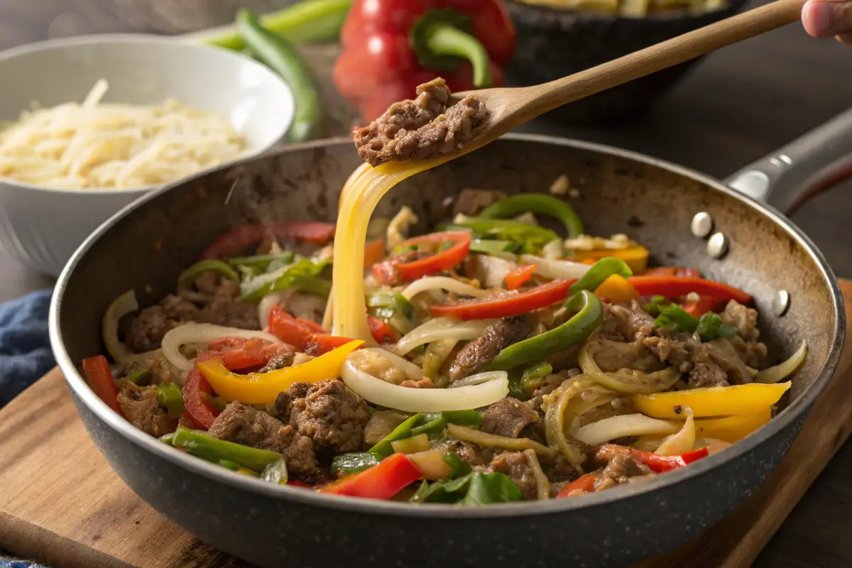 Cooking Philly Cheesesteak Pasta with ground beef, onions, and peppers