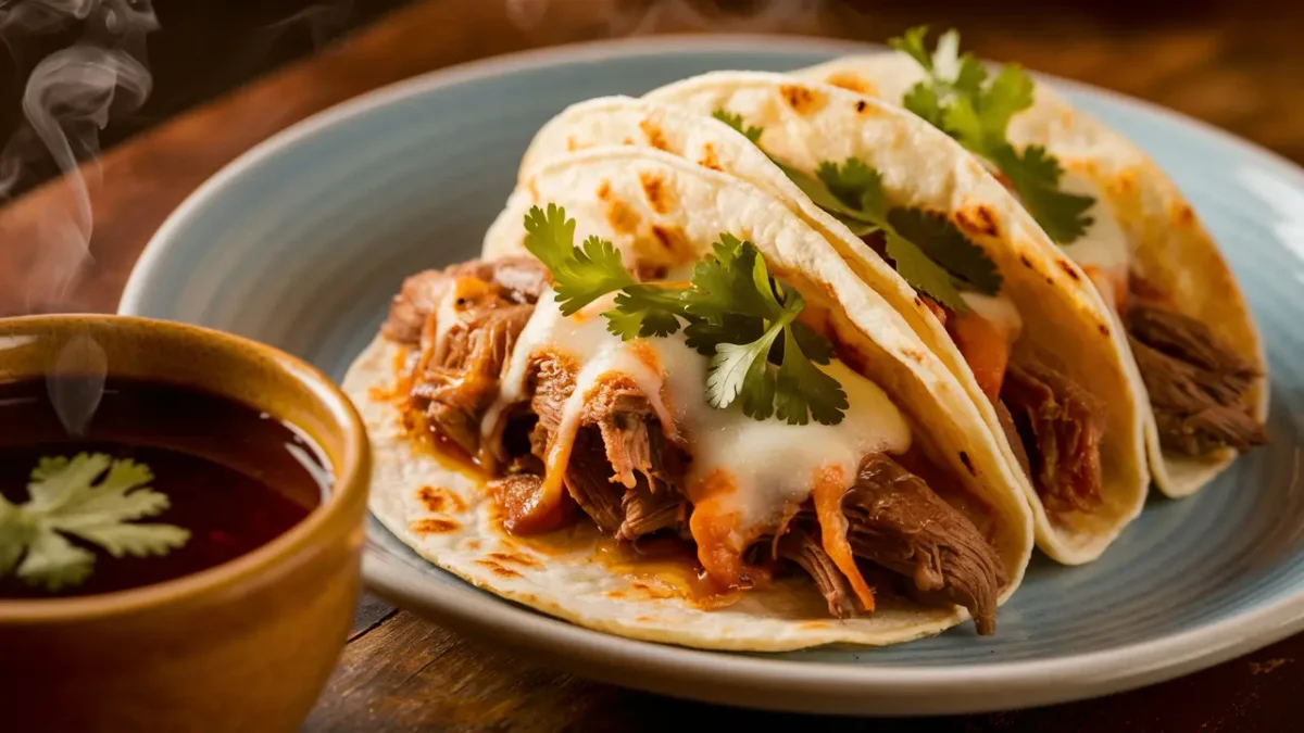 Crispy birria tacos with shredded meat and a side of consomé.