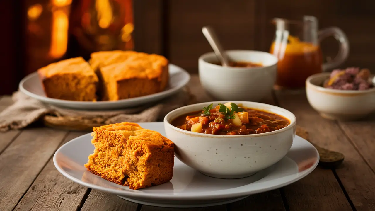 Sweet potato cornbread served with chili on a white plate