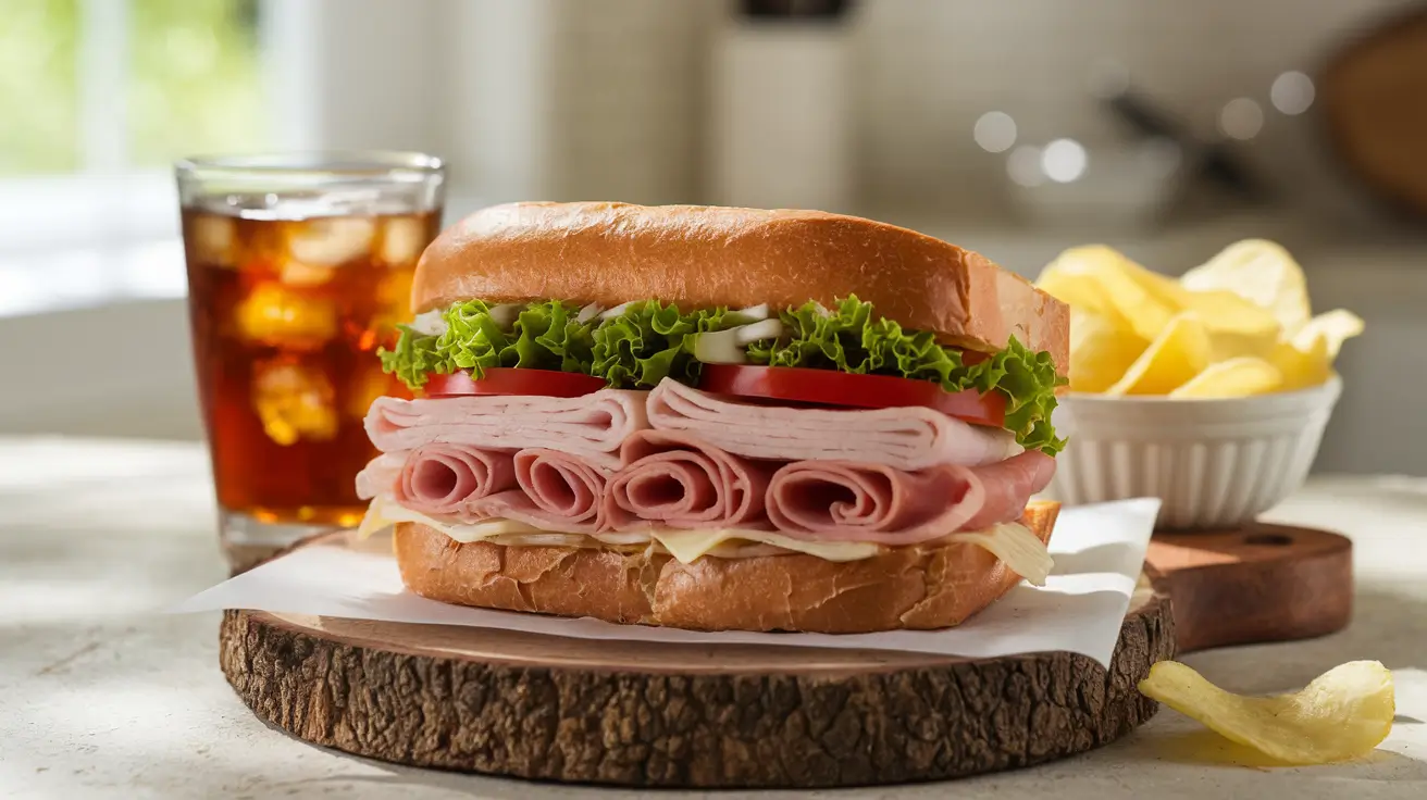 Ham and turkey sandwich with iced tea and chips on a wooden board