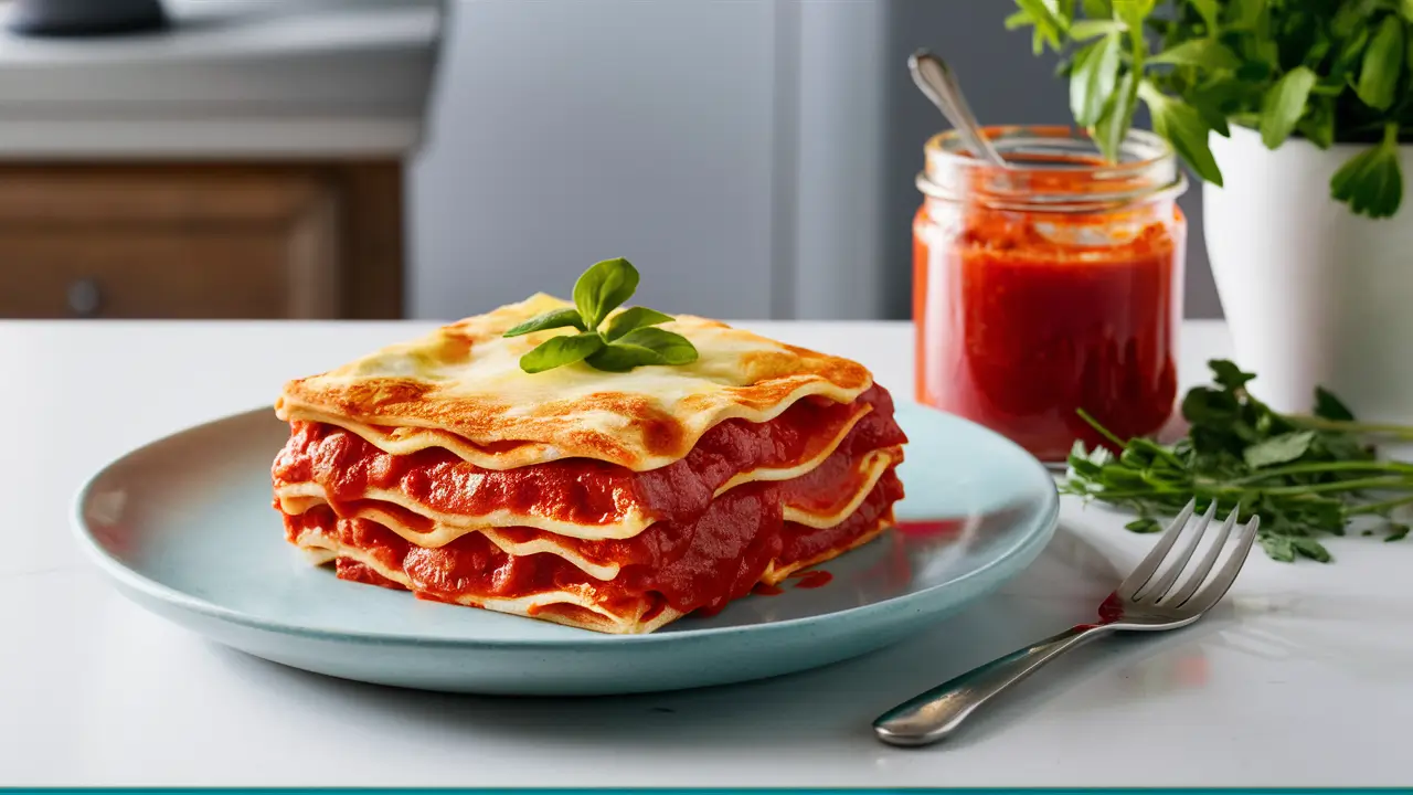 Packaging of oven ready lasagna noodles with tomato sauce and herbs